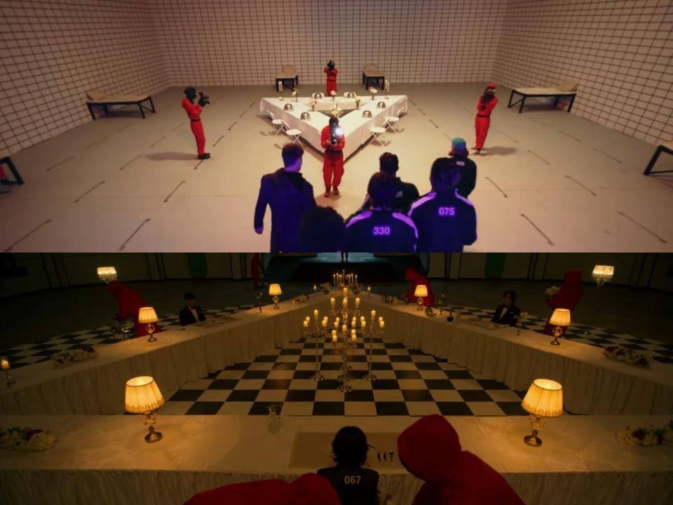 top: a small, triangular table in mr. beast's squid game recreation video surrounded by four people in pink jumpsuits, several players in green suits are walking into the room in the foreground; bottom: a triangular dining table from the netflix series squid game lit warmly by table lamps, it's seen from the perspective of someone sitting at the table and the other two sides of the triangle are visible