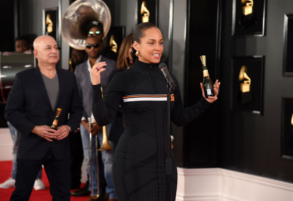 Host Alicia Keys rehearses for the Grammys at Staples Center in Los Angeles on Feb. 7. (Photo: Michael Kovac/Getty Images for NARAS)