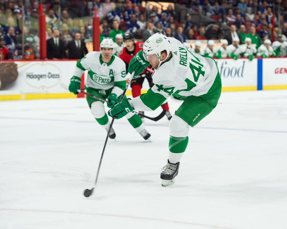 OTTAWA, ON - MARCH 16: Toronto Maple Leafs Defenceman Morgan Rielly (44) shoots the puck at goal during the first period of the NHL game between the Ottawa Senators and the Toronto Maple Leafs on March 16, 2019 at the Canadian Tire Centre in Ottawa, Ontario, Canada. (Photo by Steven Kingsman/Icon Sportswire via Getty Images)