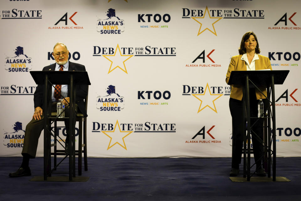 U.S. Rep. Don Young, left, and Alyse Galvin square off in a debate for the sole Alaska house seat Thursday, Oct. 22, in Anchorage, Alaska. (Jeff Chen/Pool Photo via AP) (Photo: ASSOCIATED PRESS)