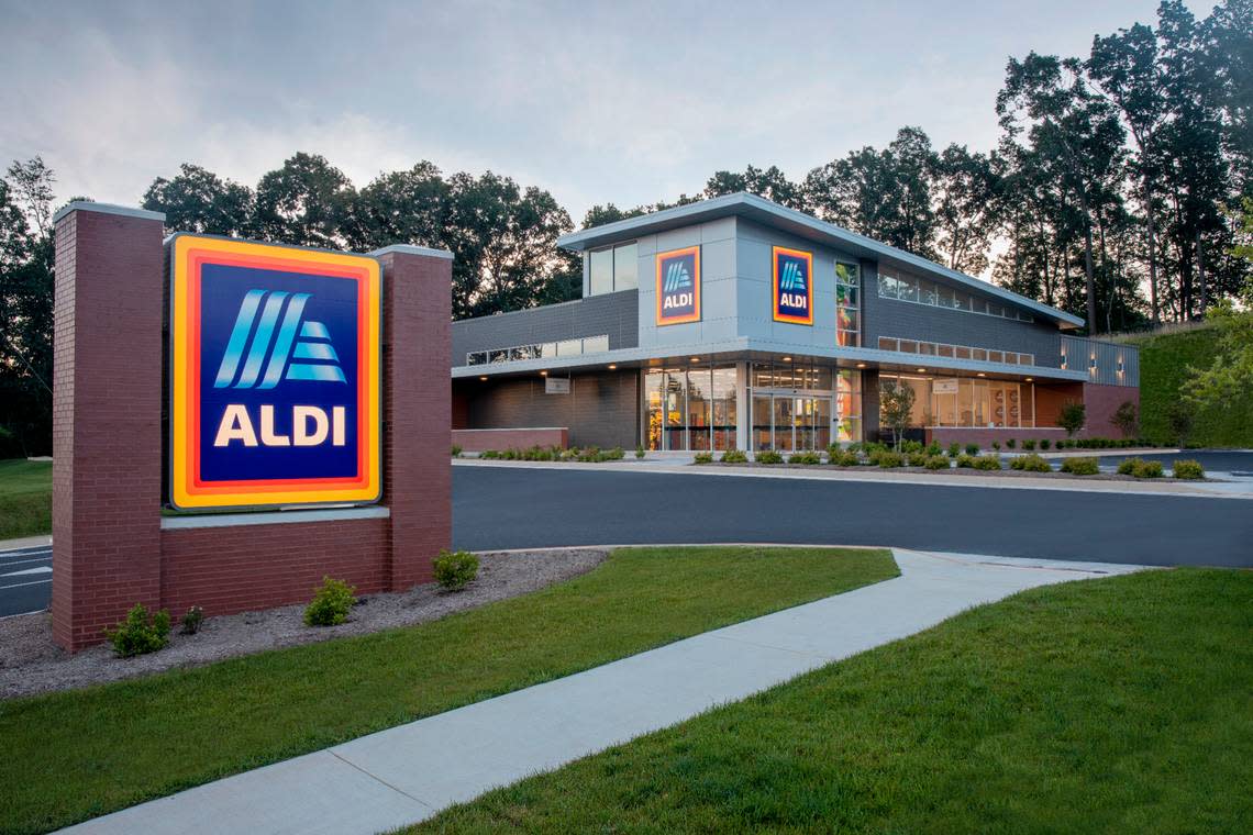 This image provided by Aldi shows the exterior of a store with a tower above the corner entrance.