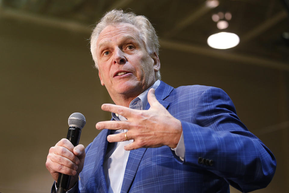 Former Virginia Gov. Terry McAuliffe, gestures during a rally for Democratic presidential candidate former Vice President Joe Biden Sunday, Mar. 1, 2020, in Norfolk, Va. (AP Photo/Steve Helber)