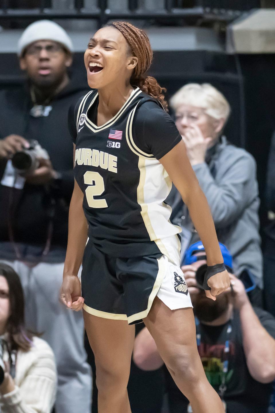 Purdue Boilermakers guard Rashunda Jones (2) celebrates after an and-1 during the NCAA women’s basketball game against the Indiana Hoosiers, Sunday Jan. 21, 2024, at Mackey Arena in West Lafayette, Ind. Indiana won 74-68.
