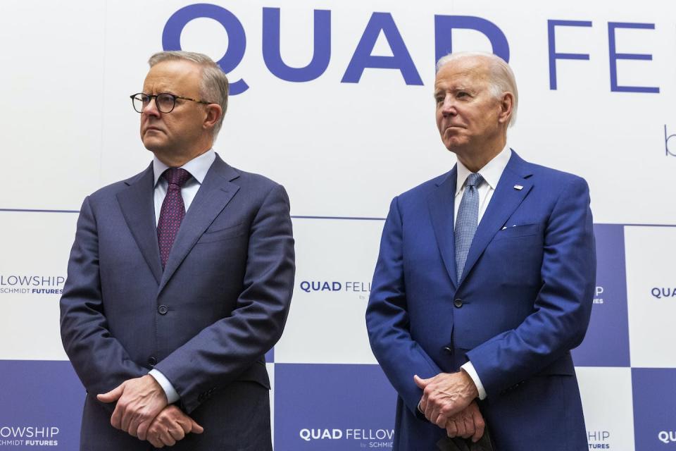 Australian Prime Minister Anthony Albanese and U.S. President Joe Biden attend the Japan-U.S.-Australia-India Fellowship founding celebration event in Tokyo in May 2022. (Yuichi Yamazaki/Pool Photo via AP)