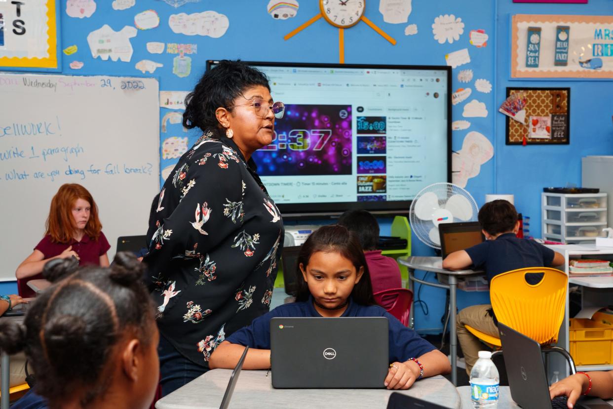 Rebecca Rivera teaches a class of fourth and fifth grade students at Stanfield Elementary school on Sept. 29, 2022, in Stanfield, AZ. The school is experiencing a teacher shortage and is currently looking to fill three teaching positions and one school counselor position for the 2022-2023 school year.