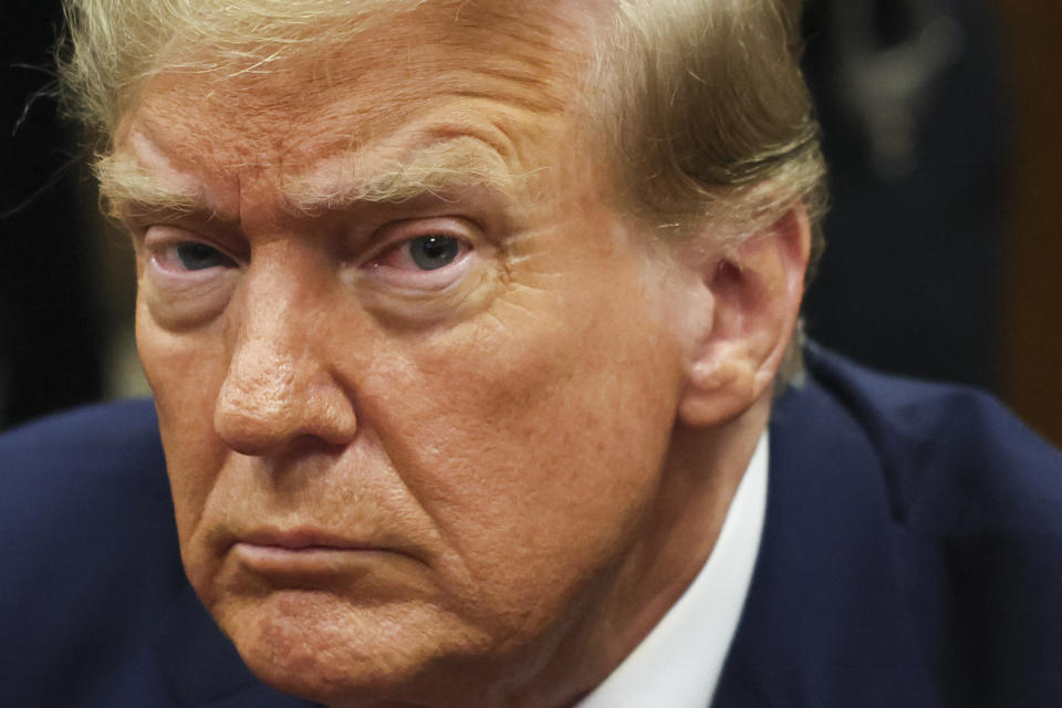 Republican presidential candidate and former President Donald Trump sits in Manhattan state court in New York, Monday, April 23, 2024. (Brendan McDermid/Pool Photo via AP)