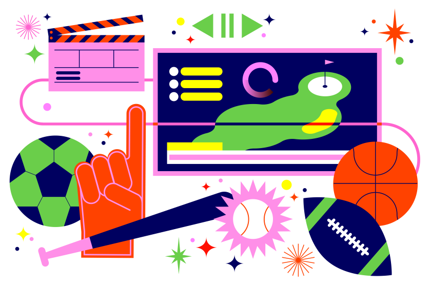 Illustration showing movie clapboard, golf course, foam fan hand, soccer ball, baseball and bat, football and basketball