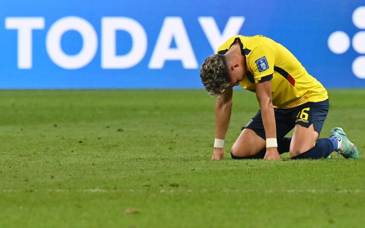 Ecuador's midfielder #16 Jeremy Sarmiento reacts after losing 2-1 to Senegal during the Qatar 2022 World Cup Group A football match between Ecuador and Senegal at the Khalifa International Stadium in Doha on November 29, 2022. - ISSOUF SANOGO/AFP via Getty Images