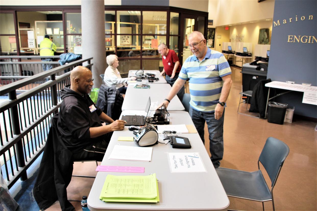 Marion County Board of Elections Director Cindy Price said volunteer poll workers are "the backbone of election day." The Board of Elections is seeking volunteers to serve as poll workers for the Aug. 2 primary and special election. For information about being a poll worker, go to www.boe.ohio.gov/marion or call the office at 740-223-4090. Pictured in the foreground, left to right, are poll workers Willie Troutman and Denny Doyle; in the background are, left to right, Loretta Mann and David Schaber.