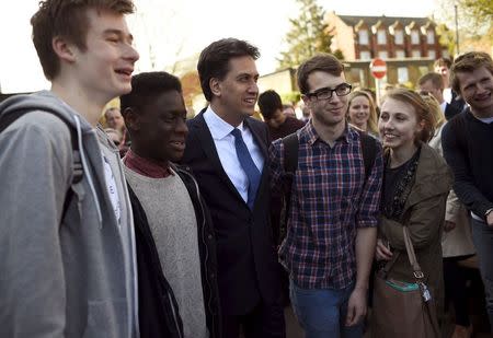 Britain's opposition Labour Party leader Ed Miliband (3rd L) is greeted by students before the launch of their Manifesto for Young People at Bishop Grosseteste University in Lincoln, central England April 17, 2015. REUTERS/Dylan Martinez