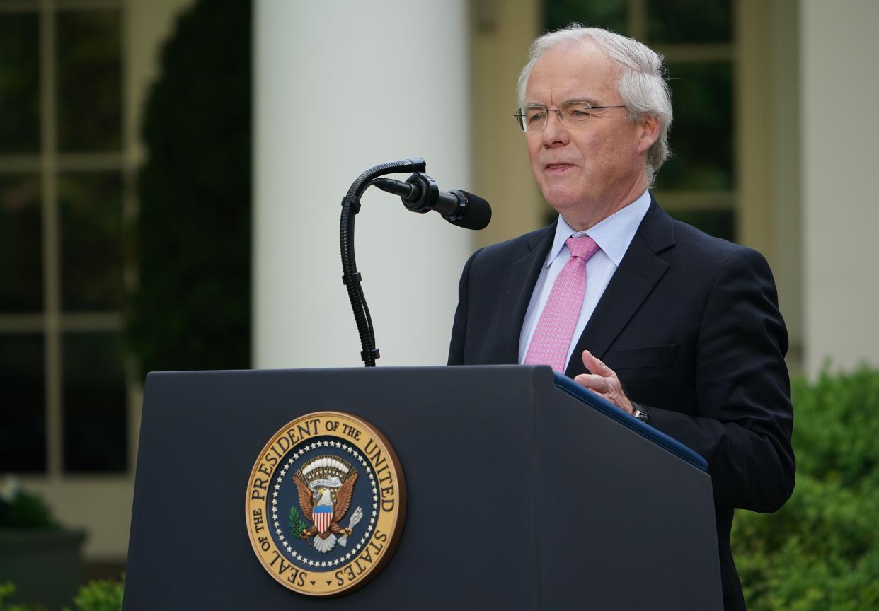 <p>Kroger CEO, Rodney McMullen, speaks during a news conference with President Donald Trump on the coronavirus at the White House on April 27, 2020. He is accused of awarding himself a $22.4m bonus whilst cutting worker pay during the pandemic</p> (Getty)