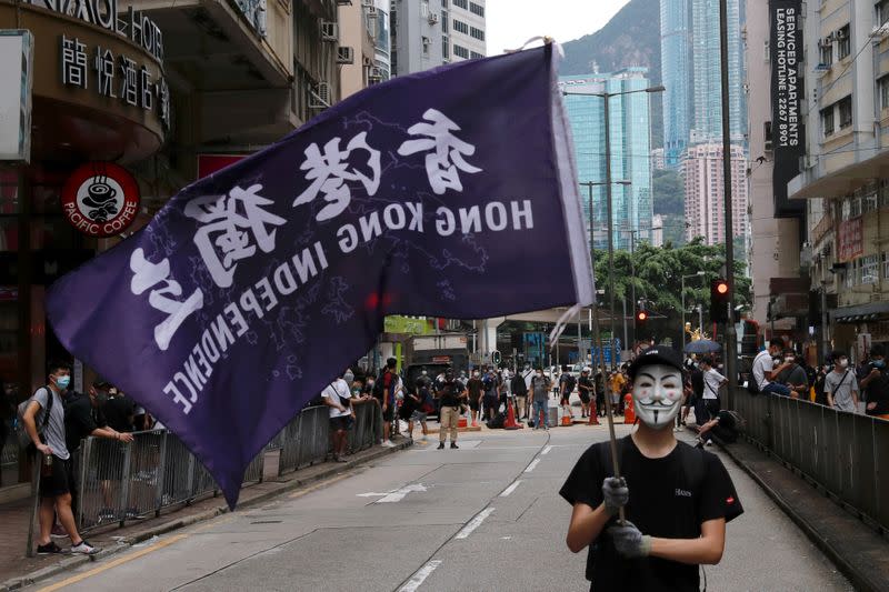 FILE PHOTO: Anti-government protester holds a flag supporting Hong Kong independence