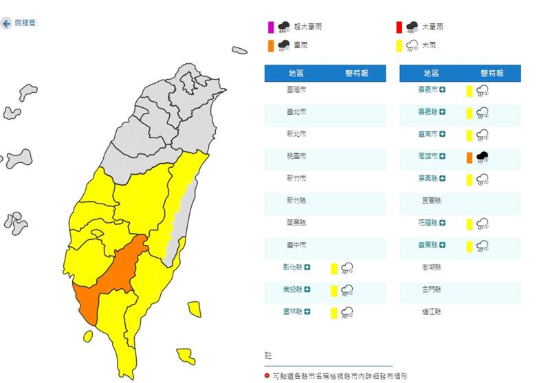 升級豪雨！氣象局針對10縣市發布豪雨、大雨特報。（圖／翻攝自氣象局）