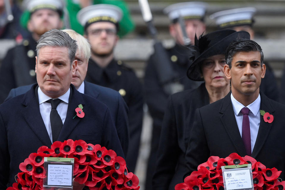 Starmer, British Prime Minister Rishi Sunak, former Prime Ministers Boris Johnson and Theresa May attend the Remembrance Sunday ceremon in London on Nov. 13, 2022.<span class="copyright">Toby Melville—Pool/Reuters</span>