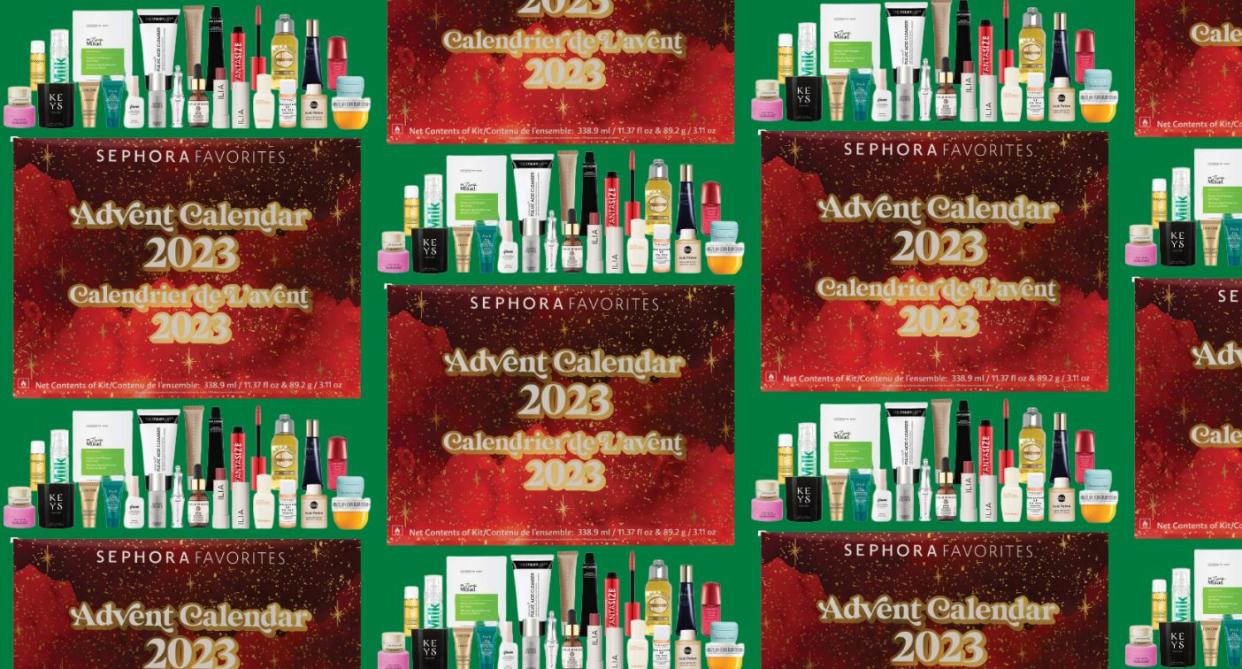 the sephora advent calendar and its contents scattered all over in a repeating pattern