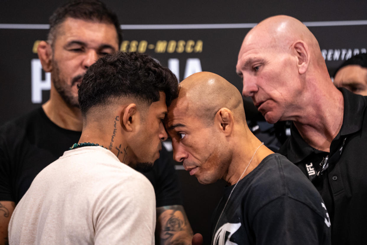 RIO DE JANEIRO, BRAZIL - MAY 01: (L-R) Opponents Jonathan Martinez and Jose Aldo face off during the UFC 301 media day at the Windsor Marapendi Hotel on May 01, 2024 in Rio de Janeiro, Brazil. (Photo by Zuffa LLC/Zuffa LLC via Getty Images)