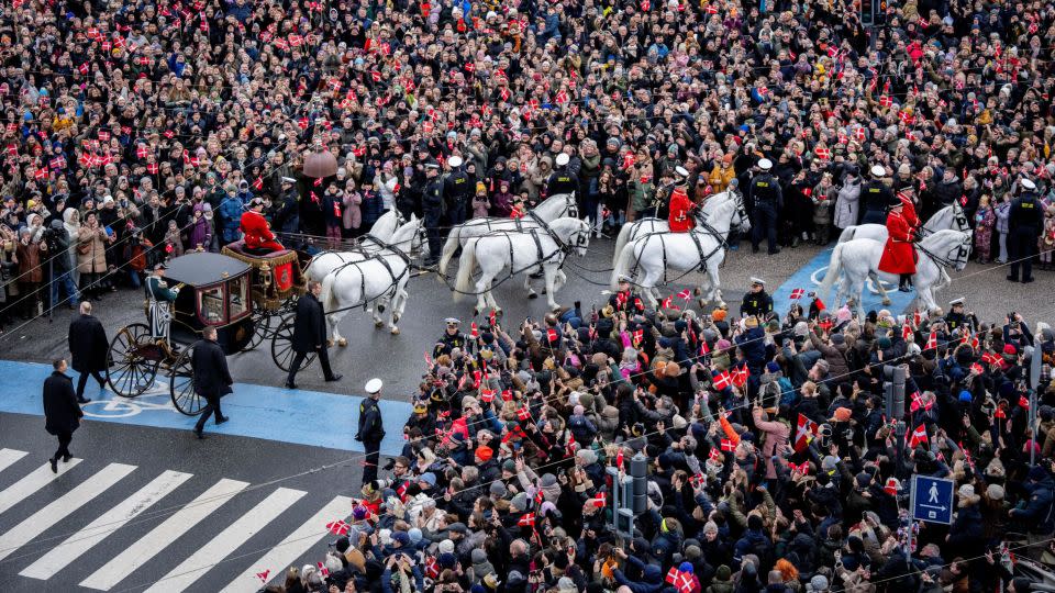 Queen Margrethe II is travels in the Golden Wedding Anniversary Coach, escorted by the Guard Hussar Regiment's Mounted Squadron to sign the declaration of her abdication. - Ida Marie Odgaard/Ritzau Scanpix/Reuters