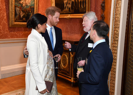 Britain's Meghan, Duchess of Sussex and Prince Harry the Duke of Sussex meet Simon Weston and Alun Cairns at a reception to mark the fiftieth anniversary of the investiture of the Prince of Wales at Buckingham Palace in London, Britain March 5, 2019. Dominic Lipinski/Pool via REUTERS