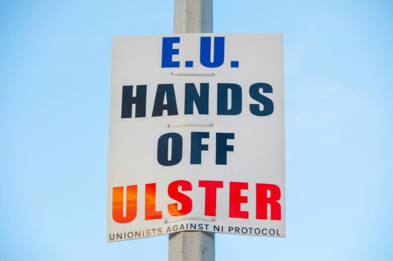 Un cartel con un mensaje de oposición al Protocolo de Irlanda del Norte, fotografiado en el puerto de Larne, en Antrim, el 29 de noviembre de 2021 (AFP/Paul Faith)
