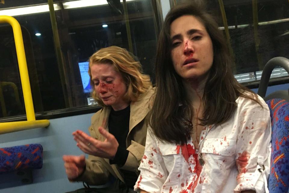 Melania Geymonat (r) and Chris were attacked on a night bus: Melania Geymonat