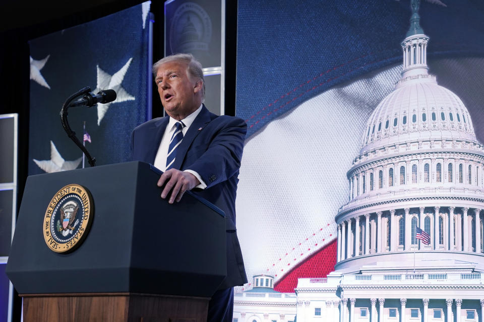 President Donald Trump speaks to the 2020 Council for National Policy Meeting, Friday, Aug. 21, 2020, in Arlington, Va. (AP Photo/Evan Vucci)