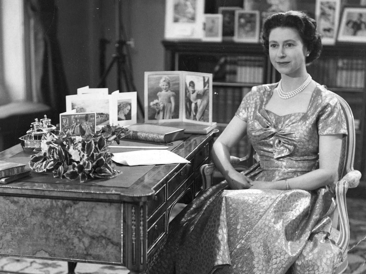 Queen Elizabeth II preparing for her first televised Christmas message in 1957: Rex