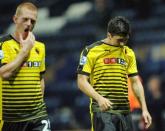 Football - Preston North End v Watford - Capital One Cup Second Round - Deepdale - 25/8/15 Watford's Ben Watson (L) and Fernando Forestieri walk off at full time dejected. Mandatory Credit: Action Images / Paul Burrows
