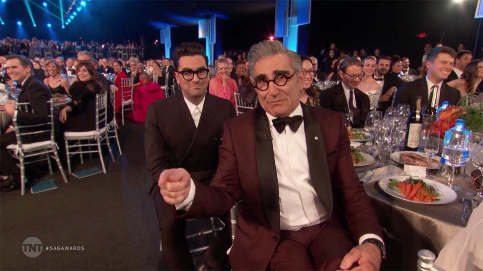 <strong>"SAG actually offered me an internship credit and a free flu shot."</strong> — Eugene Levy, joking about how he was getting compensated for doing <a href="https://people.com/tv/sag-awards-2020-i-am-actor-opening/" rel="nofollow noopener" target="_blank" data-ylk="slk:the show's opening monologue;elm:context_link;itc:0;sec:content-canvas" class="link ">the show's opening monologue</a> with dad Dan Levy