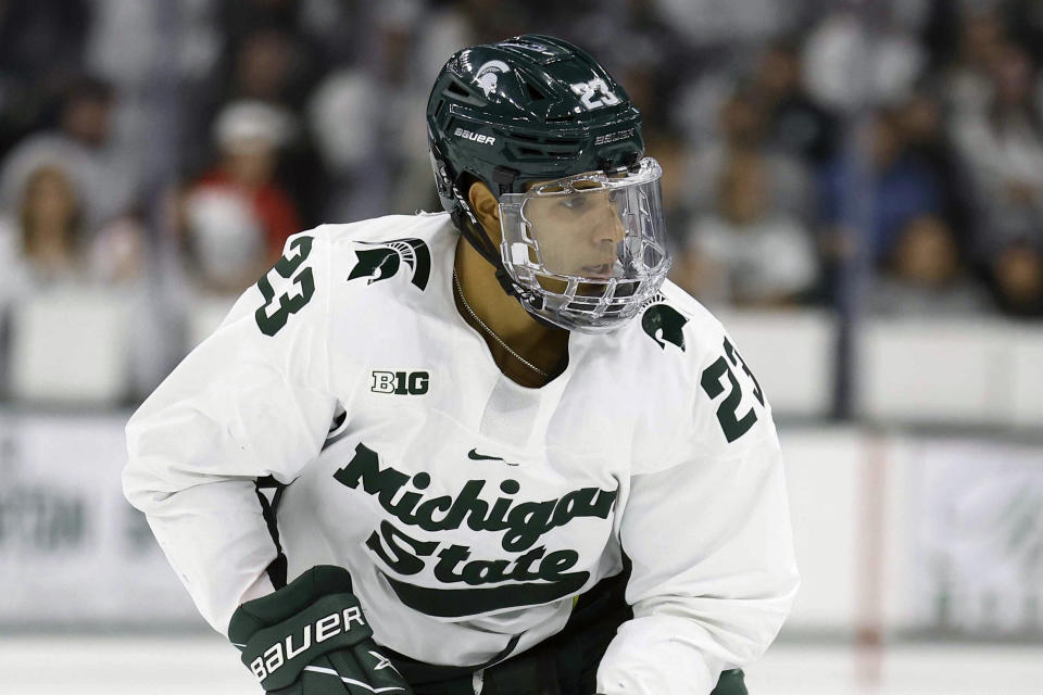 FILE - Michigan State's Jagger Joshua plays during an NCAA hockey game on Friday, Oct. 7, 2022, in East Lansing, Mich. Michigan State hockey player Jagger Joshua has alleged an opponent from Ohio State directed a racial slur at him during a game. Jagger, who is Black, shared his experience on social media from the Nov. 11 game. (AP Photo/Al Goldis, File)