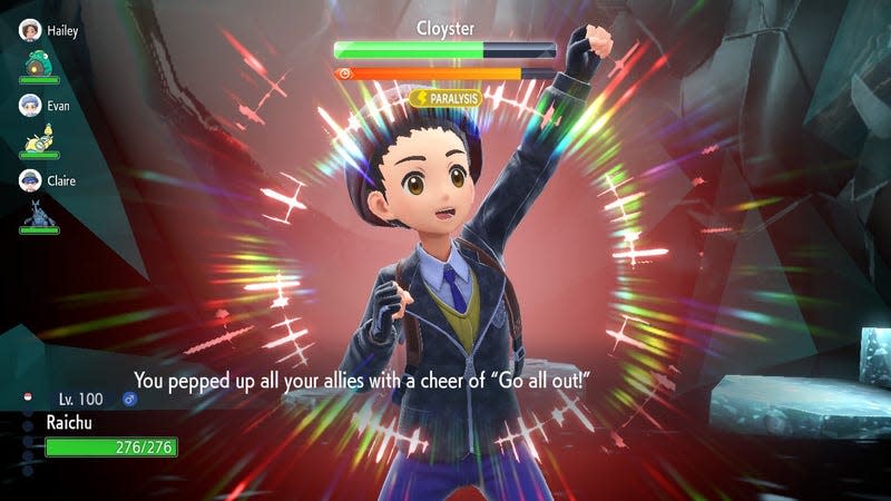 A Pokémon trainer cheers on his teammates in Pokémon Scarlet and Violet.