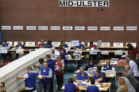 Tellers count ballots in the Northern Ireland assembly elections, in Ballymena, Northern Ireland March 3, 2017. REUTERS/Clodagh Kilcoyne