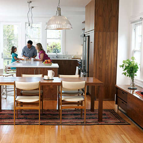 Combined kitchen, dining area, living space