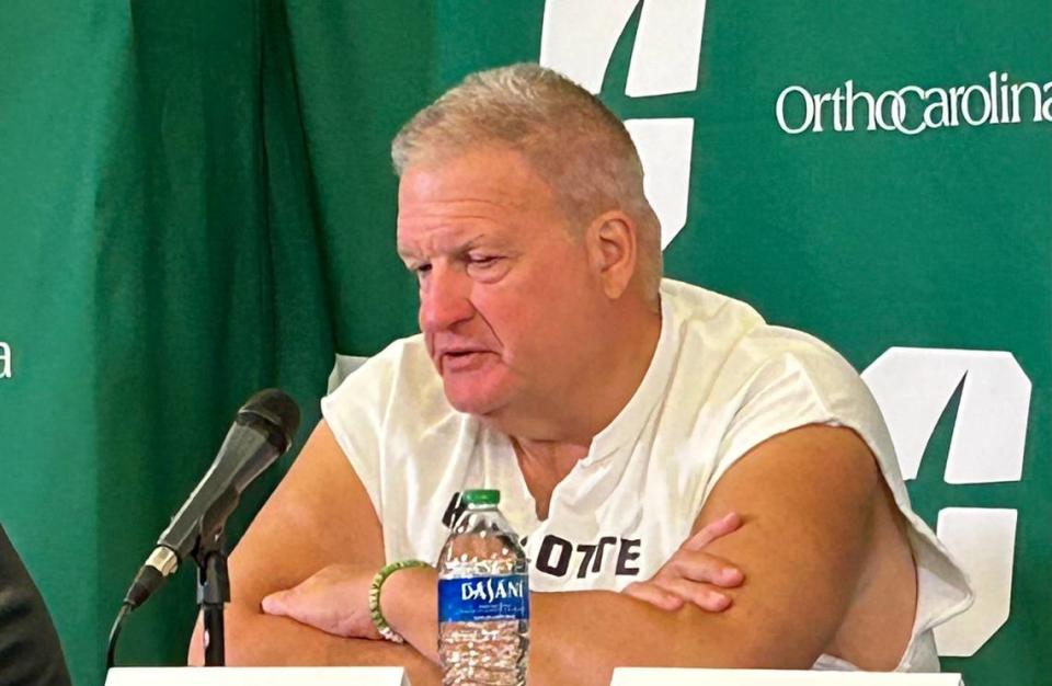 Charlotte head football coach Biff Poggi speaks at the postgame press conference on Nov. 18, 2023, after his team lost 28-7 to Rice in the final home game of the season. The loss dropped the 49ers to 3-8 in Poggi’s first season.