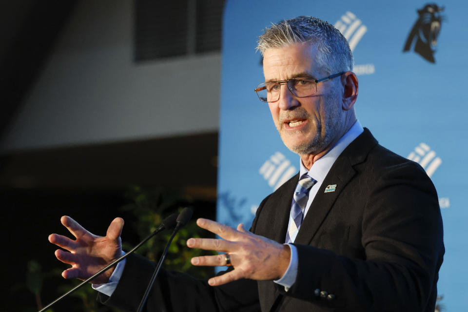 Carolina Panthers head coach Frank Reich answers a question during a news conference introducing him as the NFL football team's new head coach in Charlotte, N.C., Tuesday, Jan. 31, 2023. (AP Photo/Nell Redmond)