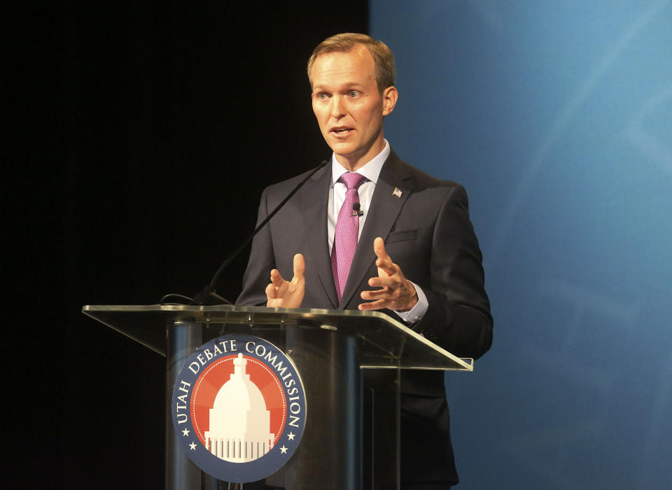 Democratic Utah Congressman Ben McAdams speaks during an Utah Debate Commission debate against 4th Congressional District Republican candidate Burgess Owens on Monday, Oct. 12, 2020, in Salt Lake City. (Kristin Murphy/ Deseret News, via AP, Pool)