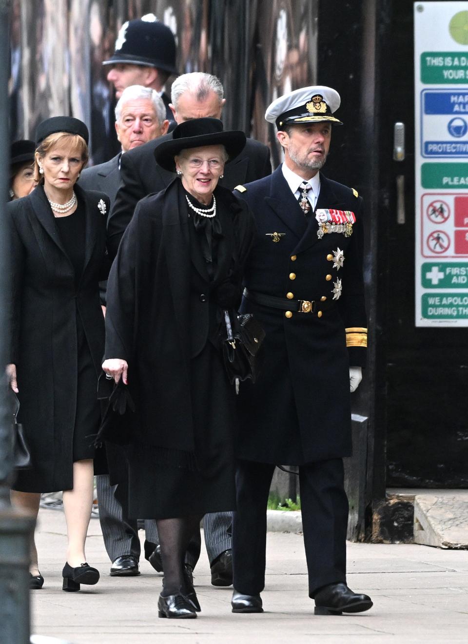 Margrethe II of Denmark and Frederik, Crown Prince of Denmark arrive for the State Funeral of Queen Elizabeth II at Westminster Abbey on September 19, 2022 in London.