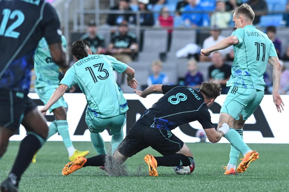 Apr 22, 2023; Charlotte, North Carolina, USA; Charlotte FC midfielder Brandt Bronico (13) and Columbus Crew midfielder Aidan Morris (8) collide in the first half at Bank of America Stadium. Mandatory Credit: Griffin Zetterberg-USA TODAY Sports