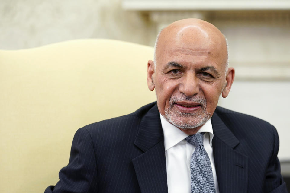 Afghan President Ashraf Ghani speaks during a meeting with President Joe Biden in the Oval Office of the White House in Washington, Friday, June 25, 2021. (AP Photo/Susan Walsh)