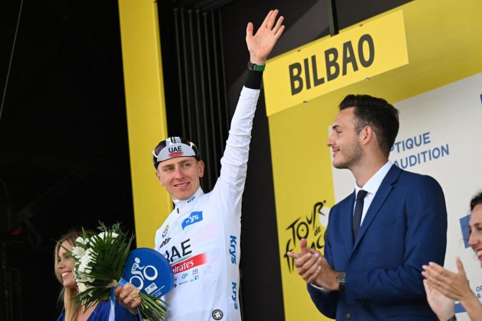 Slovenian Tadej Pogacar of UAE Team Emirates celebrates in the white jersey for best young rider after the first stage of the Tour de France cycling race a 182 km race from Bilbao to Bilbao Spain Saturday 01 July 2023 This years Tour de France takes place from 01 to 23 July 2023 BELGA PHOTO JASPER JACOBS Photo by JASPER JACOBS  BELGA MAG  Belga via AFP Photo by JASPER JACOBSBELGA MAGAFP via Getty Images