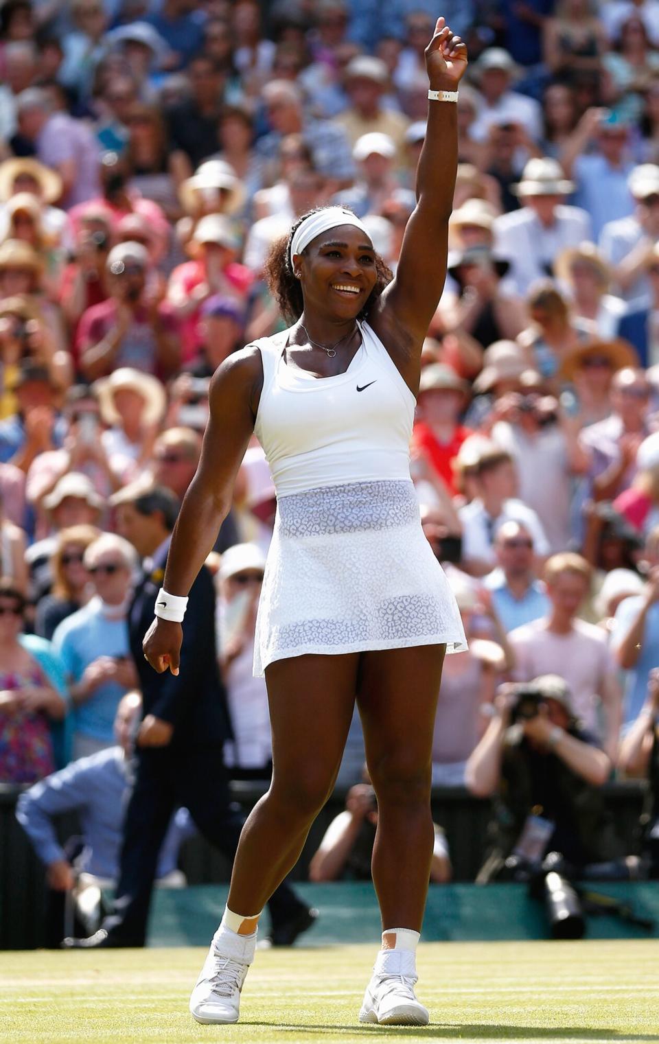 Serena Williams of United States celebrates after winning the Final of the Ladies Singles against Garbine Muguruza of Spain during the day twelve of the Wimbledon Lawn Tennis Championships at the All England Lawn Tennis and Croquet Club on July 11, 2015 in London, England