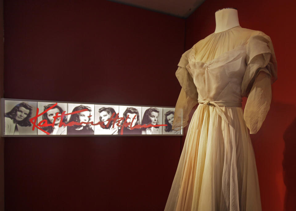 A gown by Valentina, from the 1942 production of "Without Love," is shown as part of the "Katharine Hepburn: Dressed for Stage and Screen" exhibit in the New York Public Library for the Performing Arts at Lincoln Center, Tuesday, Oct. 16, 2012. (AP Photo/Richard Drew)