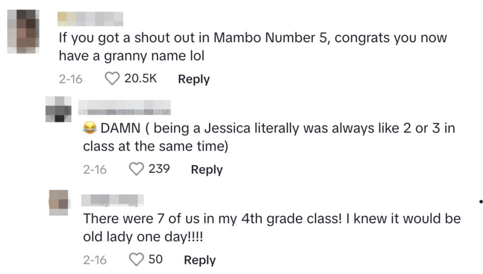 Three social media comments joking about the name Jessica being in the song "Mambo Number 5"
