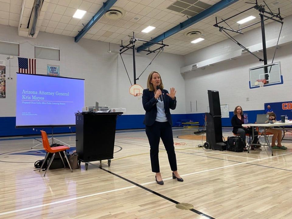 Arizona Attorney General Kris Mayes speaks at a listening session on Oct. 27, 2023, about a proposed aggregate mine in Chino Valley.