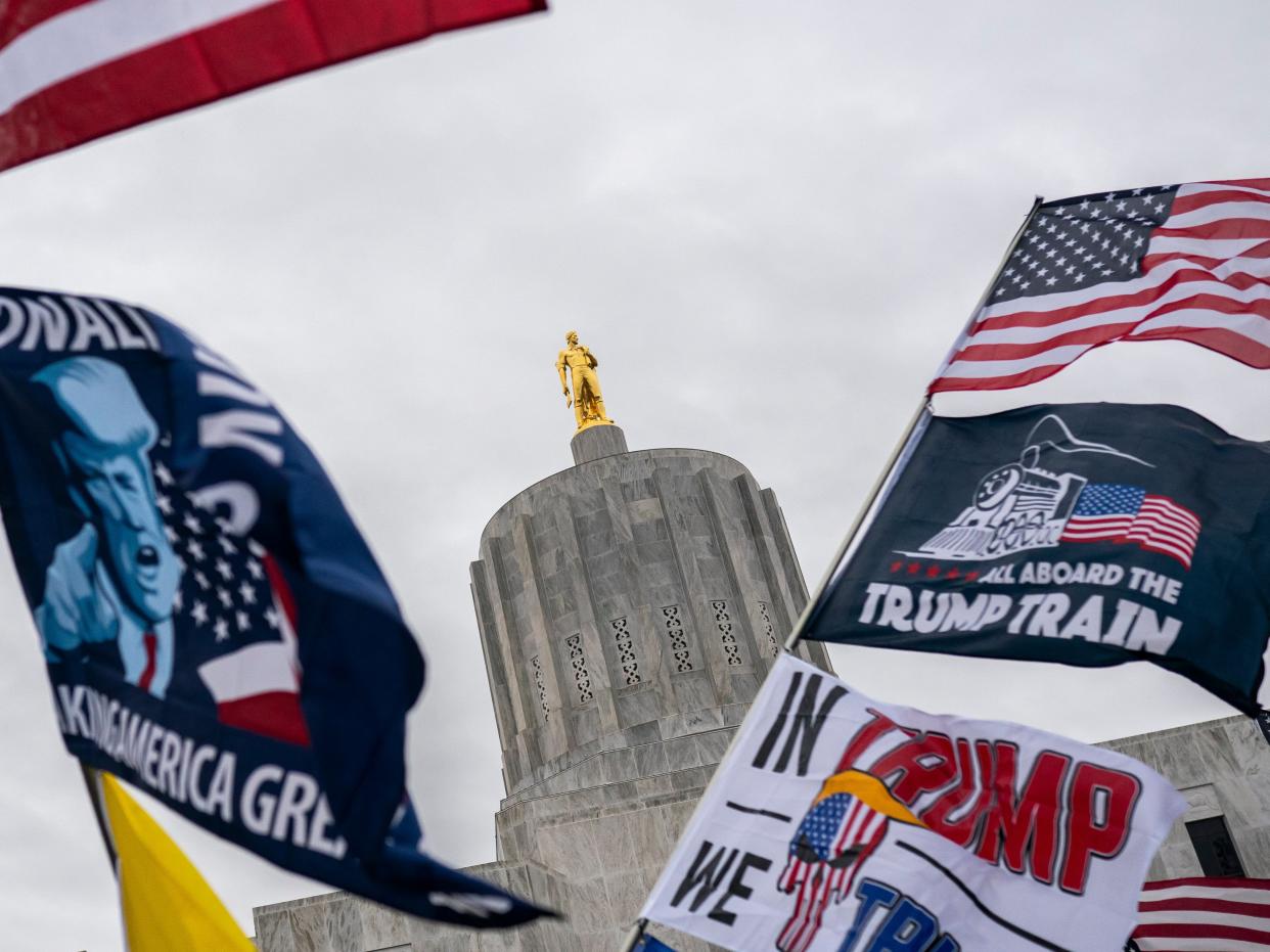 <p>Protesters wave flags during a Defeat the Steal rally on November 14, 2020 in Salem, Oregon</p> (Getty Images)