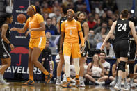 Tennessee's Rennia Davis (0) reacts after a basket in the first half of an NCAA college basketball game against Connecticut, Thursday, Jan. 23, 2020, in Hartford, Conn. (AP Photo/Jessica Hill)