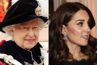 <p>These large teardrop-shaped diamond earrings appear to be a relatively recent addition to the Queen's jewelry collection, and a favorite of Kate's; she's worn them several times, both for more informal receptions as well as state dinners. </p>