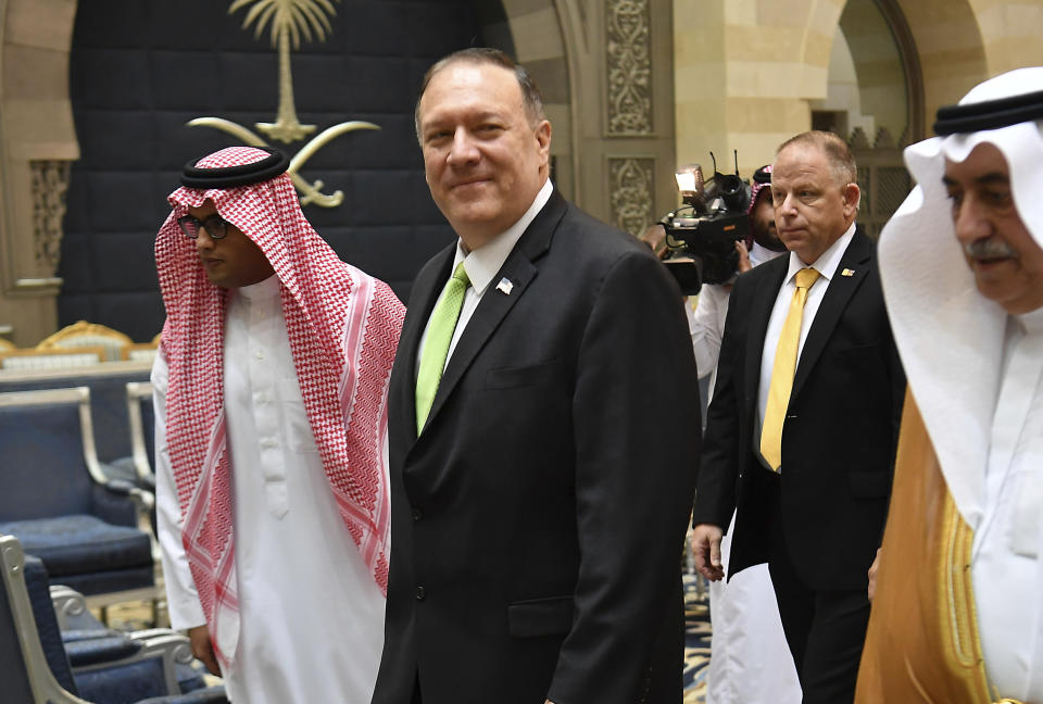 Secretary of State Mike Pompeo walks after stepping off his plane upon arrival at King Abdulaziz International Airport in Jeddah, Saudi Arabia, Wednesday, Sept. 18, 2019. (Mandel Ngan/Pool via AP)