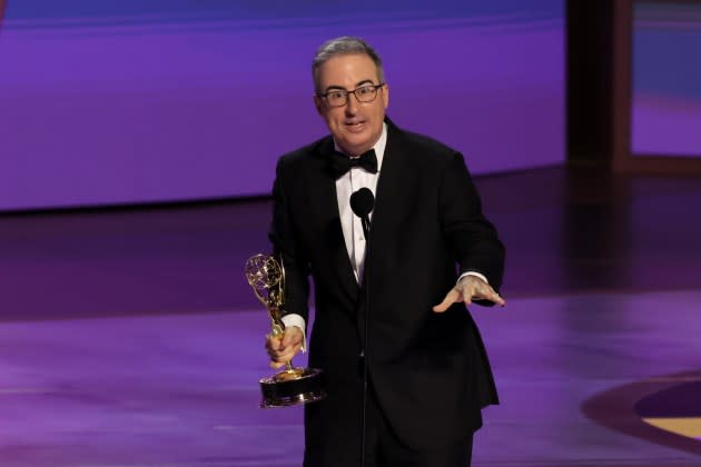 John Oliver accepting the Outstanding Scripted Variety Series award at the 2024 Emmys. - Credit: Kevin Winter/Getty Images