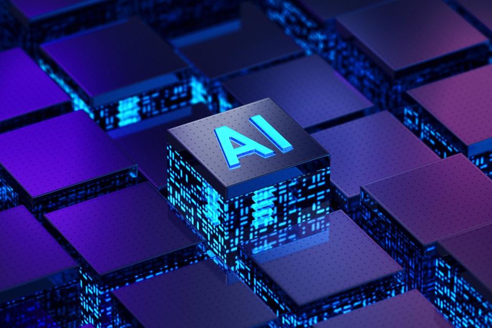 Letter AI on a raised cubic chip. 