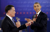 <p>President Barack Obama, right, and Republican presidential candidate, former Massachusetts Gov. Mitt Romney exchange views during the second presidential debate, Oct. 18, 2012, at Hofstra University in Hempstead, N.Y. (AP Photo/David Goldman) </p>